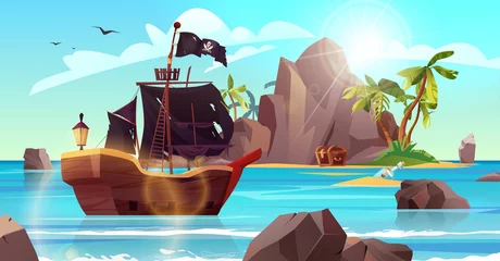 Wandcirkels Piraten Rocky island with pirate ship, flag and palm trees in the ocean. Bottle with paper message in it. Cartoon vector illustration  © Дарья Михайлова
