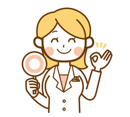 丸の札を掲げる白衣の女性