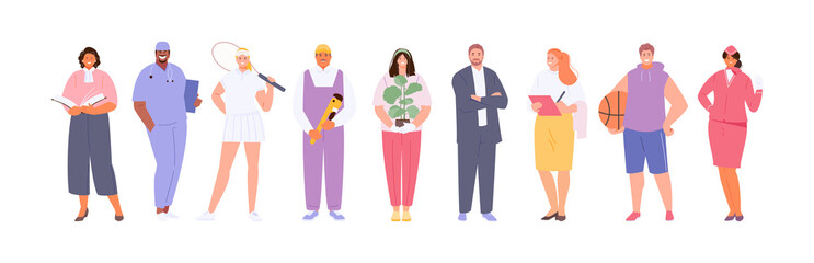 People of various professions. Teacher, doctor, athlete, waitress, stewardess, florist, office worker