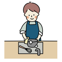 ボウルを洗う男性