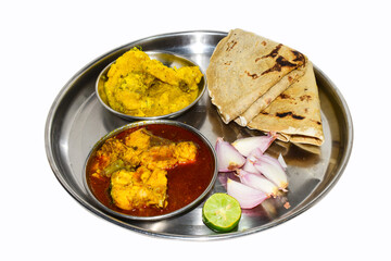 Rohu fish plates, onion, lemon and roti in the plate, fish plate isolated on white background. In India