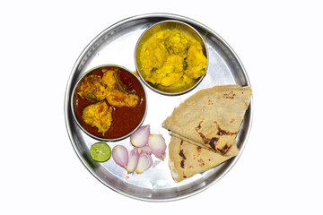 Rohu fish plates, onion, lemon and roti in the plate, fish plate isolated on white background. In India