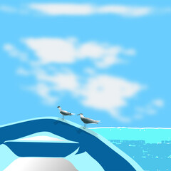 Two birds are standing on a blue boat under a wide sunny sky and floating in a turquoise sea, enjoying a relaxing moment, vector