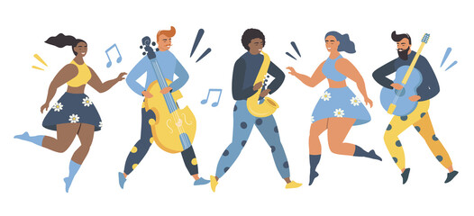 vector illustration in a flat style on the theme of a party - happy people of different races dance and play musical instruments.