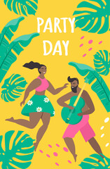Fototapeta na wymiar flat style vector illustration, poster, flyer, party invitation. Happy man and woman dancing among tropical leaves