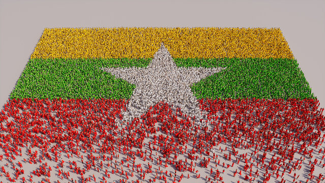 Aerial view of a Crowd of People, coming together to form the Flag of Myanmar. Burmese Banner on White Background.