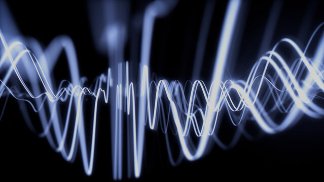 Sound Wave And Audio Technology Concept. Blue, Futuristic Digital Style. 3D Render.