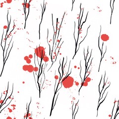Creative handwritten seamless pattern of twig objects with splashes of red watercolor. For any textile fabric design, wallpaper or background. Abstract bright design.