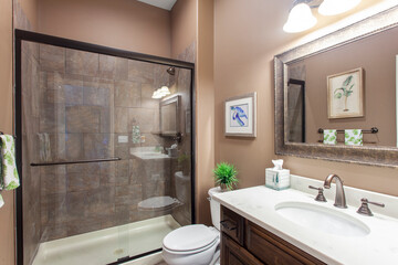 interior of bathroom with granite counter tops and mirror
