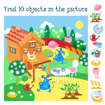 Find 10 hidden objects. Educational game for children. Cute mice near house in summer garden. Cartoon style. Vector color illustration.
