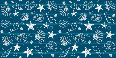 Different seashells and starfish on a dark turquoise striped background. Marine endless texture. Vector seamless pattern for wrapping paper, cover, packaging, surface texture and printing on clothes