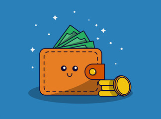 Cute wallet with money and coins in flat style. Vector illustration