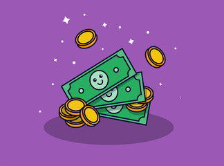 Cute smiling banknotes and coins in flat style. Vector illustration