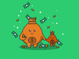 Cute bags with money and coins in flat style. Vector illustration