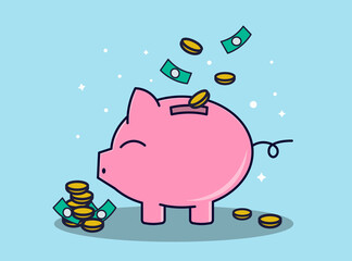 Cute pig in flat style. Save money. Coins and dollars. Vector illustration.