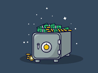 Cute safe with money, coins and stacks of money in a flat style. Vector illustration