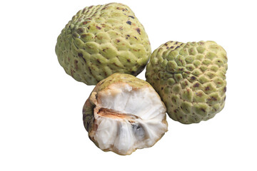 Custard apple and halved fruit on white background