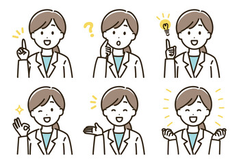白衣を着た女性の表情バリエーションのイラストセット（肌色なしバージョン）