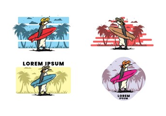 Cute penguin carrying a surfboard on the beach illustration