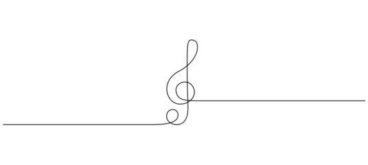 One continuous line drawing of treble clef. Minimalist logo and symbol of sound and music concert in simple linear style. Editable stroke. Doodle vector illustration
