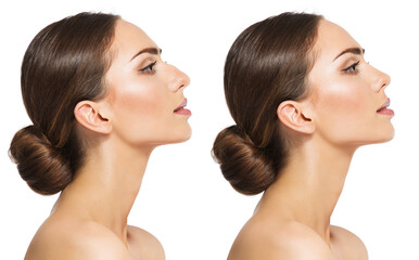 Woman Rhinoplasty. Women Nose Shape Before and After Plastic Surgery. Beauty Model Profile Side View over isolated White background - 510979008