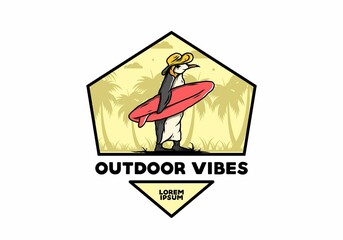 Cute penguin carrying a surfboard on the beach illustration