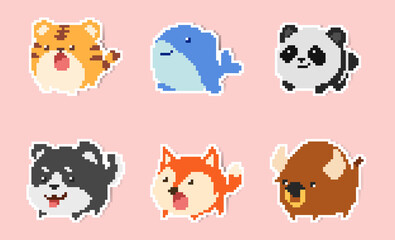 Naklejka premium Cute and adorable pixel art style cartoon animal stickers set 2