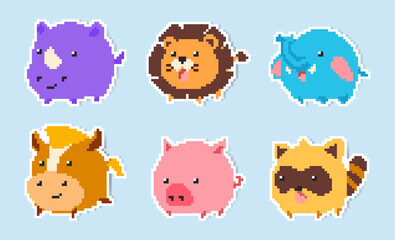 Cute and adorable pixel art style cartoon animal stickers