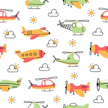 Airplane and helicopter doodle cartoon kids seamless pattern background vector illustration
