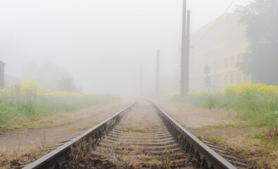 Fototapeta na wymiar Railway tracks in the morning fog