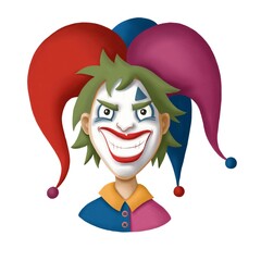 Bright multicolored cartoon portrait of the joker in a clown hat