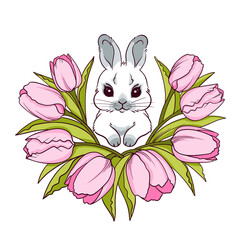 A small spring Easter bunny surrounded by flowers, pink tulips, a wreath of flowers hand-drawn, isolated on a white background to print a cartoon character, a symbol of the spring holiday