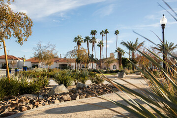 Sunset palm view of historic downtown Coachella, California, USA. - obrazy, fototapety, plakaty