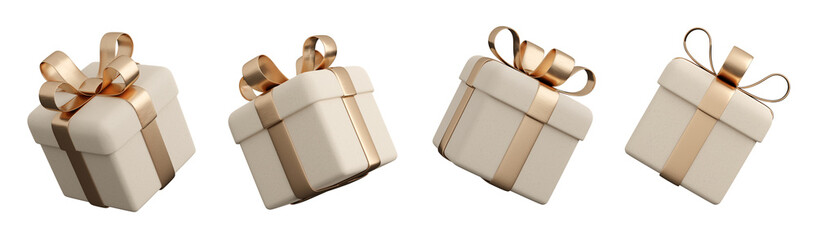 Realistic white paper gift box set with golden ribbon bow. Concept of abstract holiday, birthday or wedding present or surprise. 3d high quality isolated render