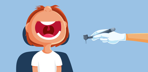 Naklejka premium Little Boy Opening Big Mouth at the Dentist Vector Funny Cartoon Illustration