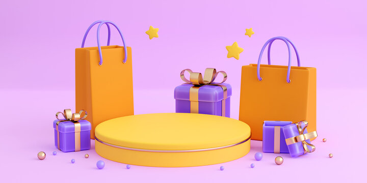 Realistic violet gift boxes with orange paper shopping bag and podium background. Concept of black Friday or Christmas sales, present or surprise. 3d high quality render
