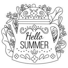 Coloring page. Greeting card for coloring. Hello summer. Black and white vector illustration.
