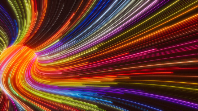 Colorful Neon Lights Tunnel with Orange, Pink and Green Swirls. 3D Render.