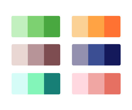 Matching color palette guide swatch catalog collection with RGB HEX color combinations. Suitable for Branding. 6 sets of orange pink green blue mixed cool color palettes each containing 3 colors.