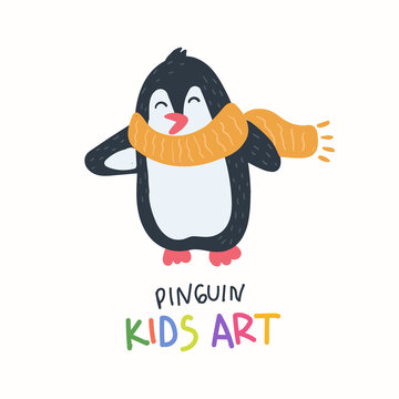 Childish style drawing. Hand drawn colorful cute pinguin illustration