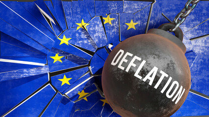 Deflation and EU Europe, destroying economy and ruining the nation. Deflation wrecking the country and causing  general decline in living standards.,3d illustration