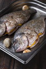 Raw Dorado fish with garlic, salt and herbs.