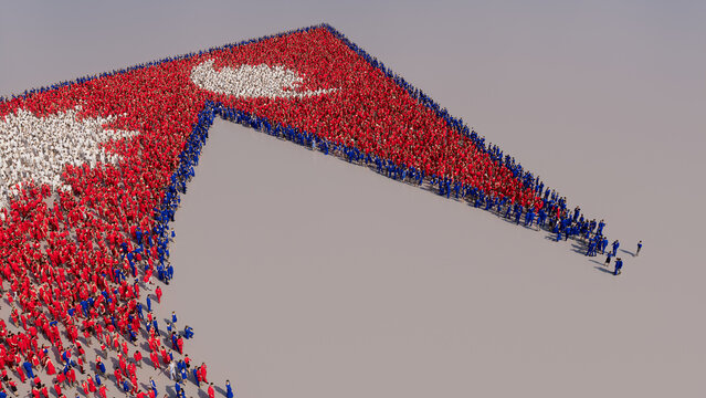 Aerial view of a Crowd of People, congregating to form the Flag of Nepal. Nepali Banner on White Background.