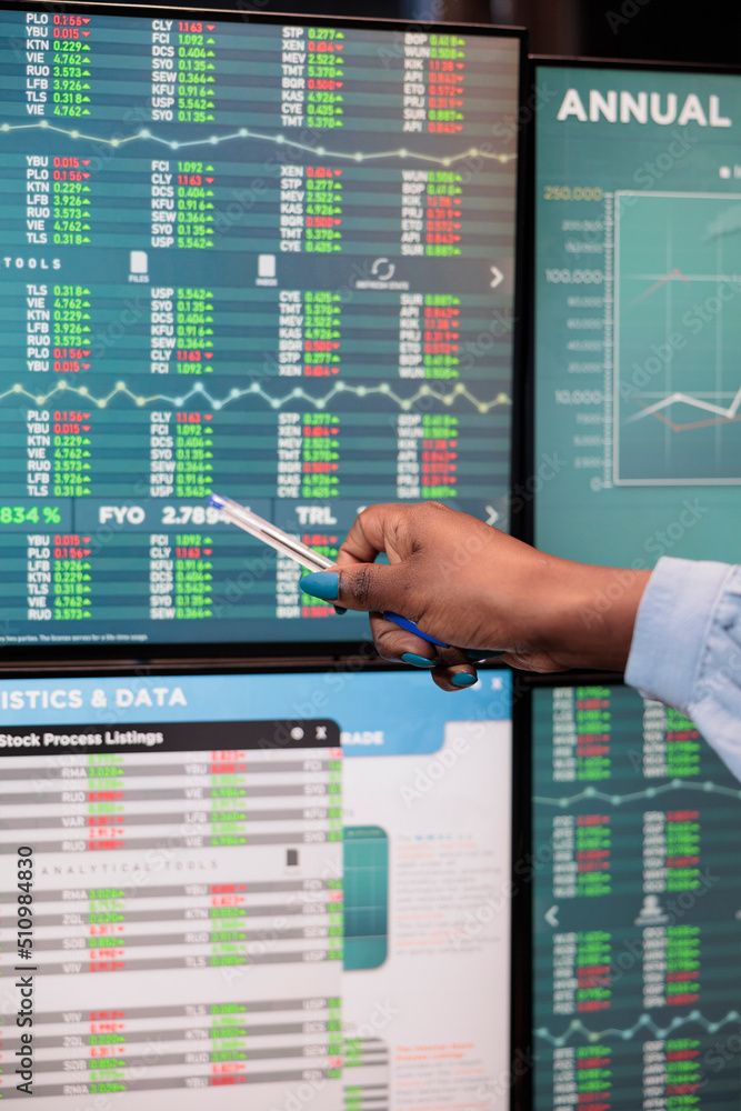 Aufkleber close up shot of forex stock market trader woman pointing at screen showing real time trading data. 