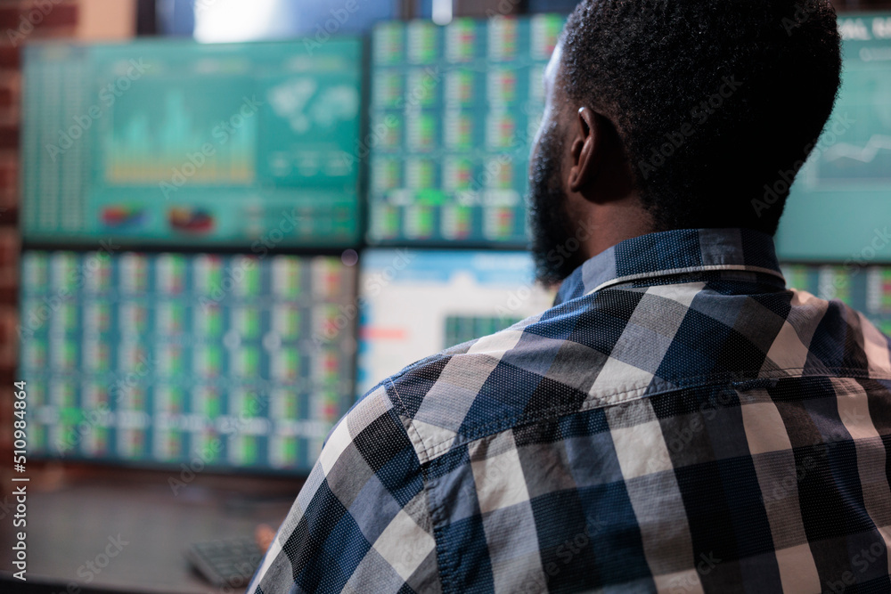 Poster close up of investment company broker analyzing stock market using real time data statistics to fore