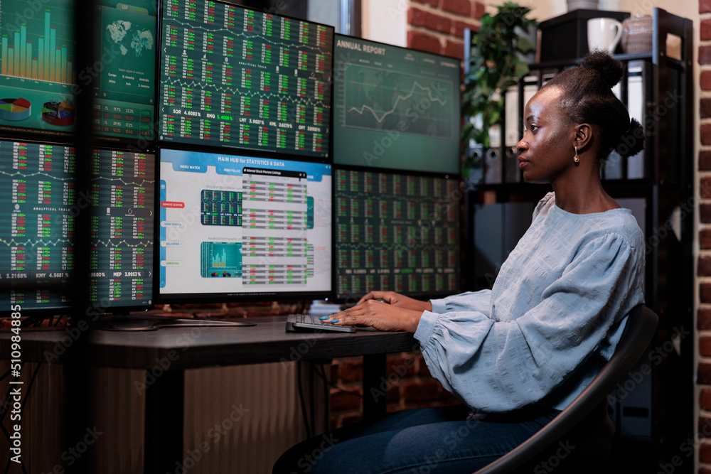 Poster brokerage agency agent sitting at multi monitor workstation while trading risk free assets. investme