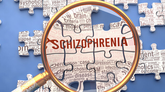 Schizophrenia as a complex and multipart topic under close inspection. Complexity shown as matching puzzle pieces defining dozens of vital ideas and concepts about Schizophrenia,3d illustration