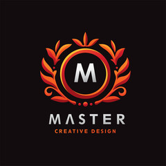 Golden Luxury M Initial Letter Logo Design Template with circle frame and Floral Vintage