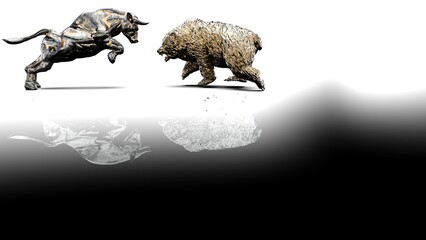 Metallic Silver bull and bear sculpture staring at each other in dramatic contrasting light representing financial market trends under black-white background. Concept images of stock market. 3D CG.
