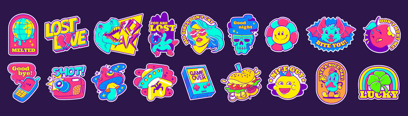 Retro stickers with ufo, mushroom, camera, dinosaur and flower. Badges in trendy contemporary design. Vector cartoon set of comic patches with girl, hamburger and apple